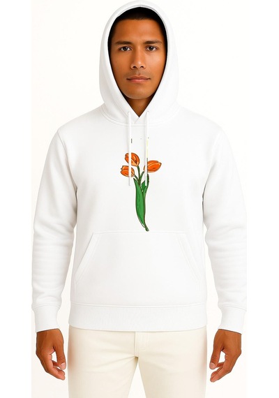Bahriyeli Collection Kapüşonlu Hollanda Lale Göğüs Baskılı Unisex Sweatshirt Beyaz