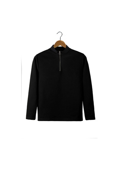 Terapi Men Erkek Siyah Yarım Fermuarlı Basic Düz Sweatshirt Koyu Siyah