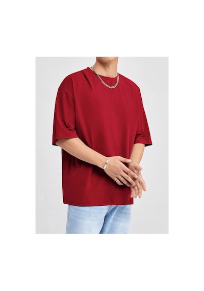 Tarz Cool Erkek Bisiklet Yaka %100 Pamuk T-shirt Kirmizi