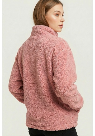 Kadın Peluş Tam Fermuarlı Cepli Sherpa Kuzu Kumaş Oversize Peluş Polar Sweatshirt Pembe