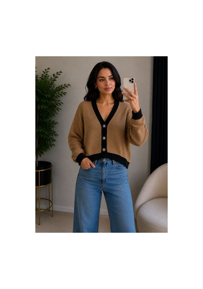 Hira Life Fashion Kadın V Yaka Düğmeli Şeritli Kısa Crop Ceket-hırka Vizon Vizon