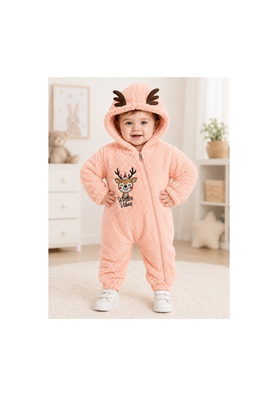 Tatlı Geyik Nakışlı Welsoft Peluş Kapüşonlu Fermuarlı Kışlık Unisex Bebek Tulumu 40212 Somon