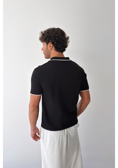 Flaw Polo Yaka Biyeli Triko Tişört-29369 Siyah