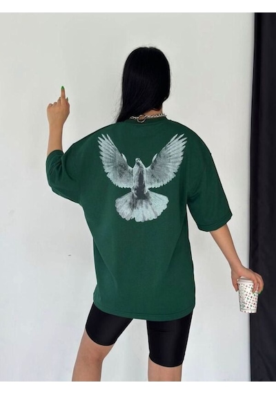 Flood Of Style Unisex Nefti Yeşili Güvercin Baskılı Oversize Yeşil