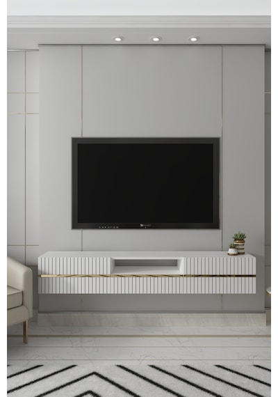 180dhdtdaç5ba Tedy Duvara Monte Pleksi Lazer Desen Kapaklı Tv Sehpası Beyaz-altın