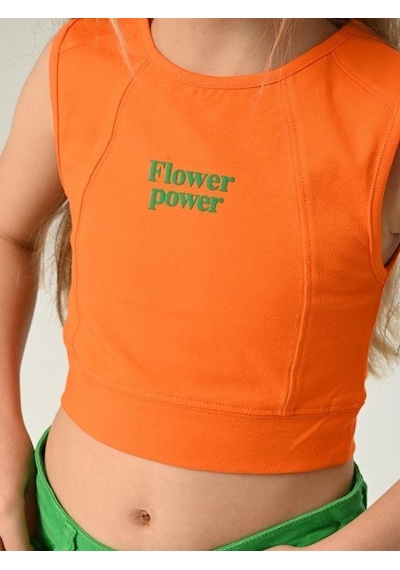 Kız Çocuk Flower Power Yazılı Crop-14406 Turuncu