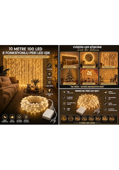Gün Işığı Peri Led Işık 8 Fonksiyon 10 Metre 100 Ledli Dekoratif Yılbaşı Ağacı Parti Ev Oda Süsleme Diğer