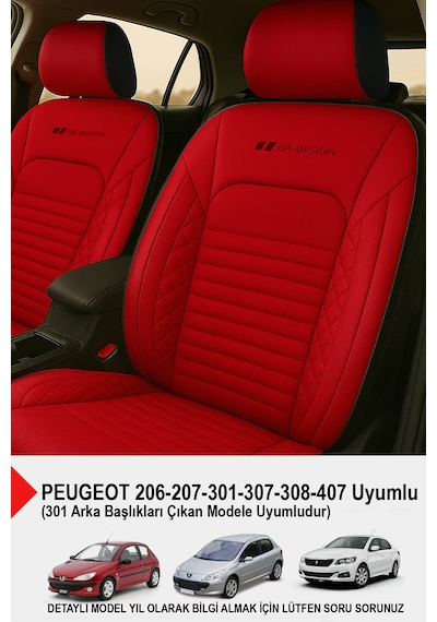 İstanbul Serisi Deri Oto Koltuk Kılıfı Peugeot 206-207-208-306-307-407- Uyumlu Kırmızı