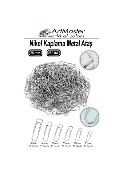 Metal Ataç 25mm 250 Li 1 Paket Nikel Kaplama 15 Sayfa Kapasiteli Metal Ataş Ofis Okul Büro Dayanıklı Paslanmaz