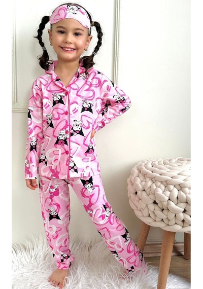 Kız Çocuk Desenli Kalp Karakter Baskılı Pembe Renk Uzun Kollu Pijama Takımı Pembe