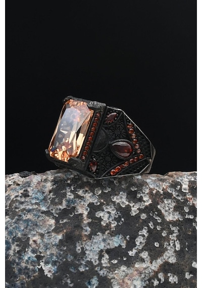 Şampanya Topaz Taşlı 925 Ayar Gümüş Erkek Yüzüğü Zirkon Taş Süslemeli 901476 Gümüş
