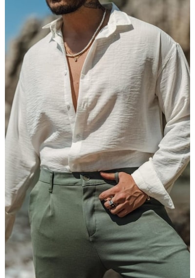 Cool Tarz Erkek Uzun Kollu Gömlek Yaka Keten Oversize Gömlek Beyaz