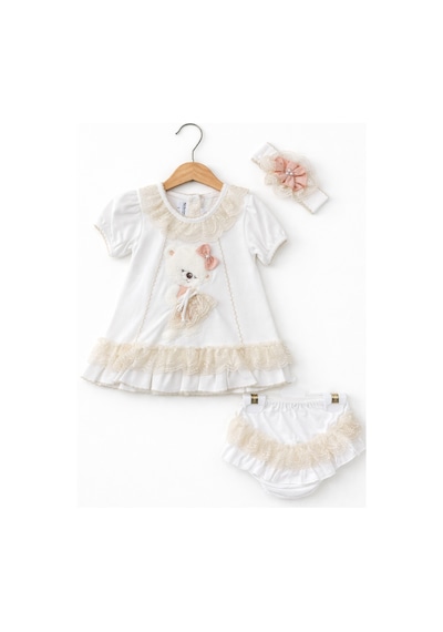 Kardeşler Bebe Dantelli Ayıcıklı Kız Bebek Elbise Takım Saç Bantlı 3 Lü Set Bej