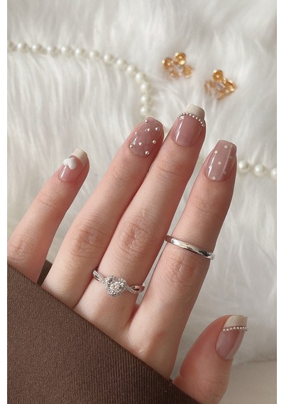 Small Beden Kısa Takma Tırnak 10 Adet Charm Taşlı Küt Tırnak T074 French Charm