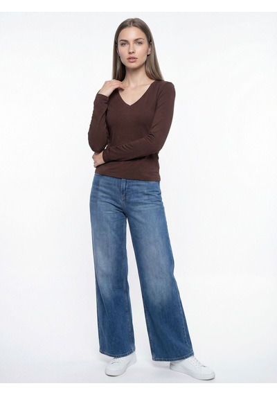 Slim Crop Fit Kadın Tshirt U.kol Kahverengi Slim Crop Fit Kadın Tshirt U.kol Kahverengi