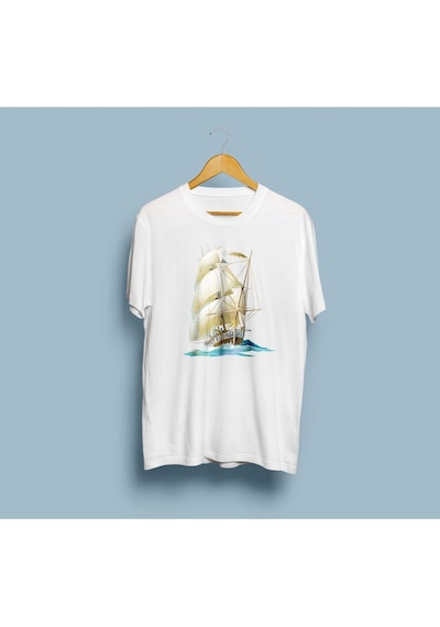 Oversize Yelkenli Tekne Tasarım Unisex T-shirt Beyaz