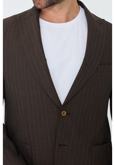 Kahverengi Çizgili 6 Drop Erkek Slim Fit Takım Elbise Kahve