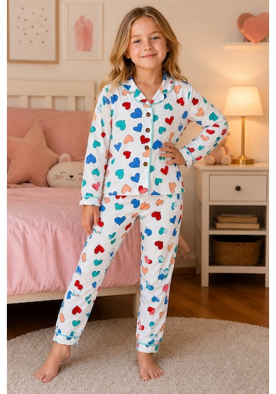 Beniizle Kız Çocuk Kalp Desenli Uzun Kollu Pijama Takımı Düğmeli Üst Alt 2 Li Ev Giyim Seti Beyaz Beniizle Kız Çocuk Kalp Desenli Uzun Kollu Pijama Takımı Düğmeli Üst Alt 2 Li Ev Giyim Seti Beyaz
