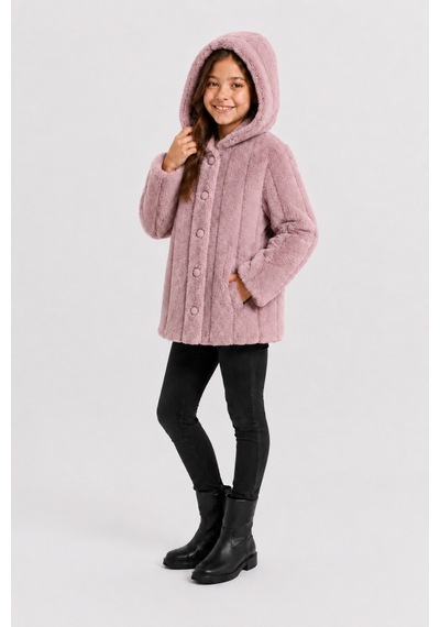 Ahengim Kız Çocuk Kışlık Kapüşonlu Düğmeli Astarlı Dikey Çizgili Peluş Mont Ak4510 Pembe