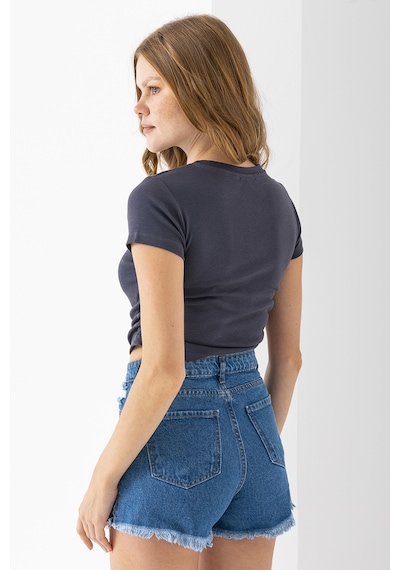 Giysa Kadın Bisiklet Yaka Yanı Stoperli Crop T-shirt Füme - 25514 Füme