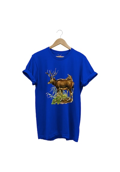 Avcılık Geyik Avcılığı Ve Doğa Baskılı Orman Temalı %100 Pamuk Regular Fit Mavi T-shirt Saks Mavi