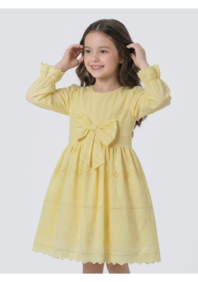Pina Kids Kız Çocuk Uzun Kollu Önü Kurdelalı Fisto Elbise Sarı