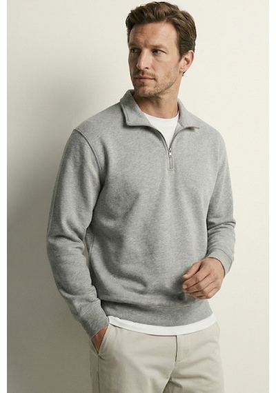 Elemge Pamuklu Erkek Sweatshirt Gri Soft Touch Relax Fit Yarım Fermuarlı Dik Yaka 3 Iplik Nefes Alan