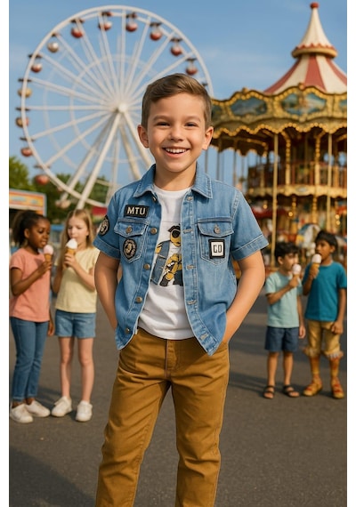 Erkek Çocuk 3'lü Takım Denim Ceket + Astronot Baskılı Tişört + Hardal Pantolon-204 Beyaz