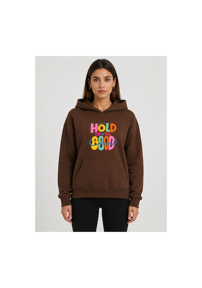Herkesemoda Hold Good Baskılı Kapüşonlu 2 İplik Şardonlu Sweatshirt Kahverengi