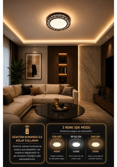 Truva Modern Siyah 40'lık Akrilik Uzaktan Kumandalı Dimmerli 3 Renk Ledli Plafonyer Ledli Avize Çap 40 Cm Truva Siyah Truva Siyah