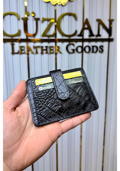 Cüzcan Jorvik Patlı Hakiki Deri Premium Kartlık Kişiye Özel İsim Baskılı Siyah Croco