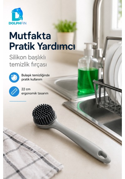 Silikon Başlıklı Bulaşık Ve Lavabo Temizleme Fırçası 22 Cm Gri