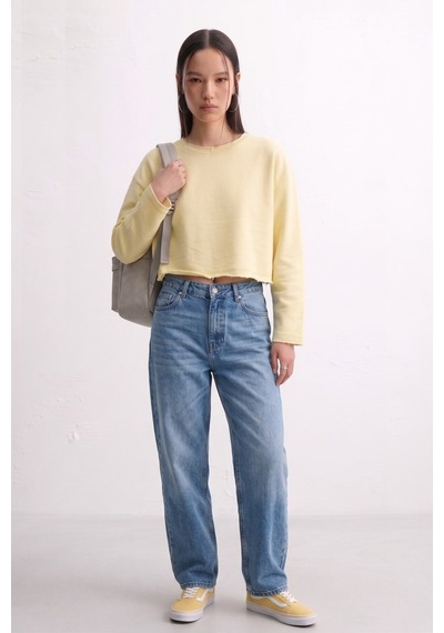 Barrels And Oıl Kadın Bisiklet Yaka Oversize Kısa Swaetshirt - Sarı Sarı