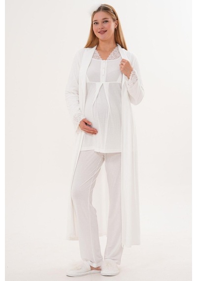 Mecit Pijama Mecit 6330 Bayan Ekru Sabahlıklı Hamile Lohusa Pijama Takımı
