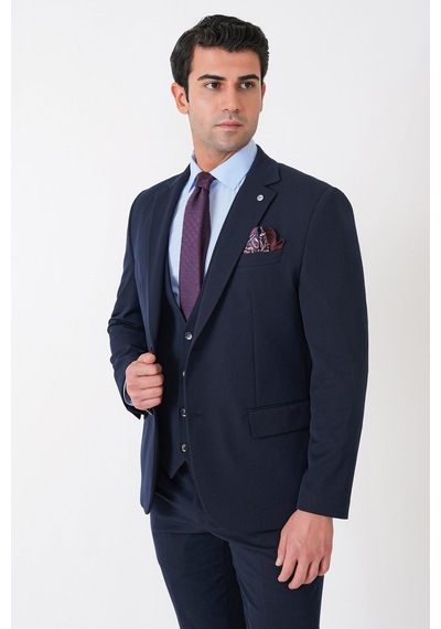 Efor Slim Fit Çift Yırtmaç Esnek Yünlü Lacivert Yelekli Takım Elbise Tk 958