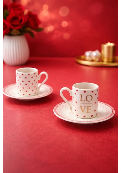 2 Kişilik Porselen Love Kalp Kahve Fincan Takımı Seti Kalpli 90ml Beyaz