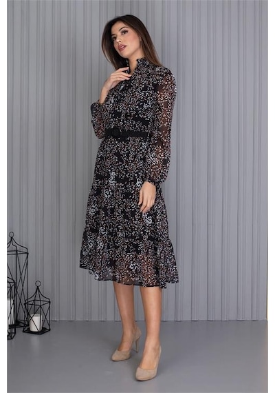 Neşeli Butik Kadın Kemerli Desenli Yeni Sezon Midi Boy Şifon Elbise Apcx04 Siyah