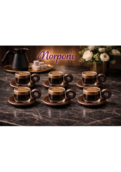 Morponi 6'lı Borosilikat Cam Akasya Sap Ve Akasya Tabaklı Türk Kahvesi Fincanı 90 Ml Şeffaf