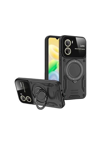 Newface Vivo Y16 Kılıf Joy Lens Standlı Kapak - Siyah