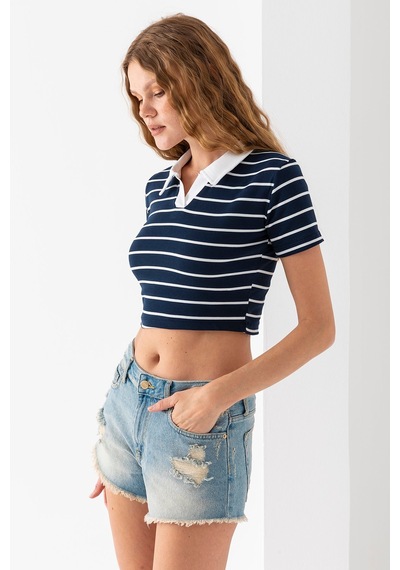 Giysa Kadın Polo Yaka Çizgili Pamuklu T-shirt Lacivert Beyaz - 25795 Lacivert - Beyaz