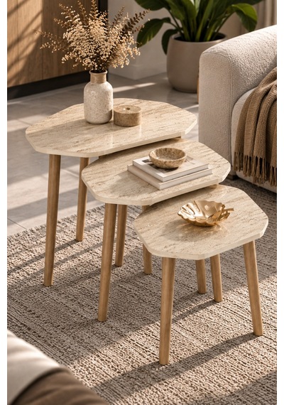 Sulorahome 3'lü Geometrik Zigon Sehpa Seti Sehpa Beyaz Mermer Desen Ayaklar Beyaz