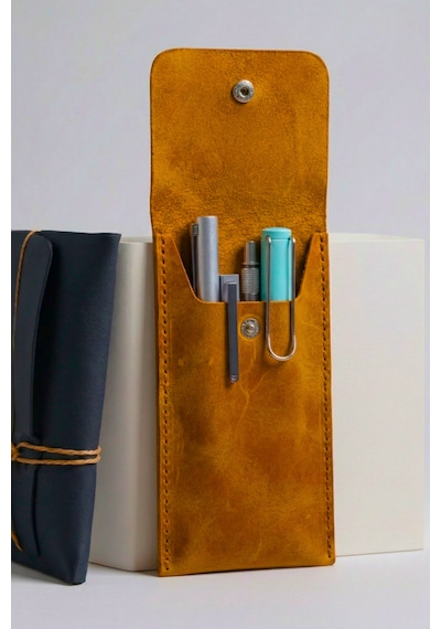 Luvo Özel Tasarım Hakiki Deri Kalem Kutusu El İşi İtalyan Dikişli Premium Minimalist Kalemlik Kahverengi - Taba