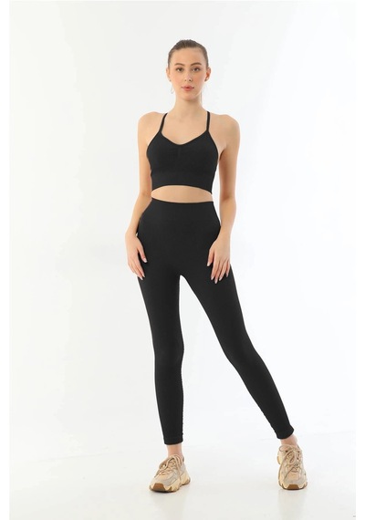Senoramoda Siyah Mı Emay 3921 Soft Seamless Ripli Tayt Yoga Takımı