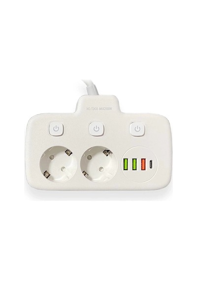 Ers Akım Korumalı 2 Li Ayrı Anahtarlı Priz, 2x Priz, 3x Usb, 1x Type-c, 2 Mt Kablo, Hızlı Şarj Diğer