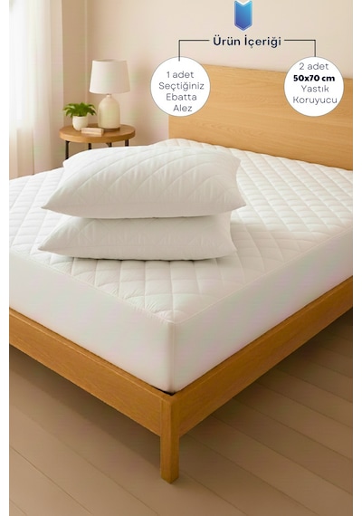 %100 Pamuk Kapitone Fitted Su Sıvı Geçirmez Yatak Koruyucu Alez + 2 Adet Yastık Koruyucu Set Beyaz
