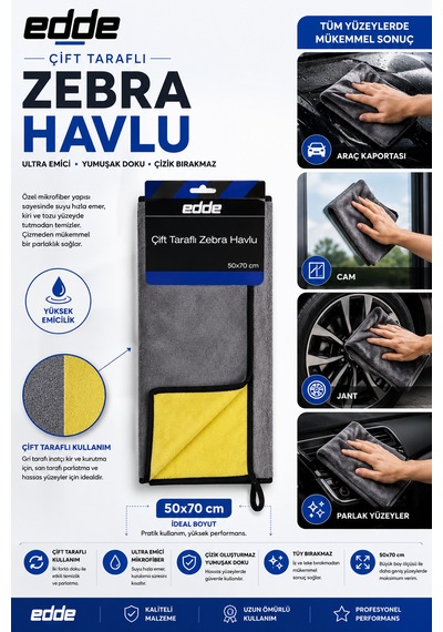 Edde Araba Araç Oto Çift Taraflı Zebra Havlu 50 70 Cm Ekstra Kalın Oto Detailing