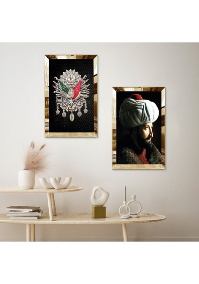 Gold Aynalı Pleksi Çerçeveli Fatih Sultan Mehmet Ve Osmanlı Tuğrası İkili Mdf Tablo Seti