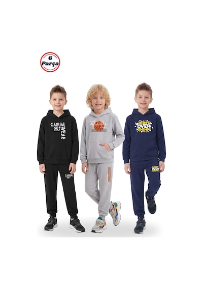 Panios Kids 3'lü Kanguru Cepli Kapüşonlu Baskı Detaylı 6 Parça Erkek Çocuk Eşofman Takımı Gri - Siyah - Lacivert