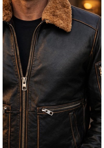 Viamod Leather Erkek Hakiki Deri Ceket Kürk Yakalı Siyah Premium Pilot Model Gerçek Deri Mont Üretici Garantili Siyah Eskitme