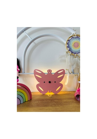 Kelebek Pilli Aplik Pembe Ahşap